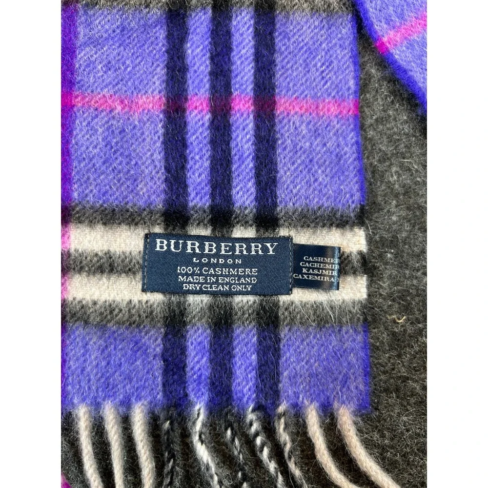 Burberry London Cashmere Scarf Womens Purple Plaid Fringed Neck Wrap Cozy Preppy